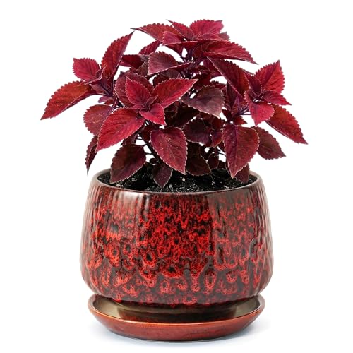 7.5 Inch Ceramic Planter with Saucer,Modern Garden Pots with Drainage Hole Mesh Net, for Indoor Outdoor Use(Speckle Red) - color: Peacock Red, size: 7.5 Inch
