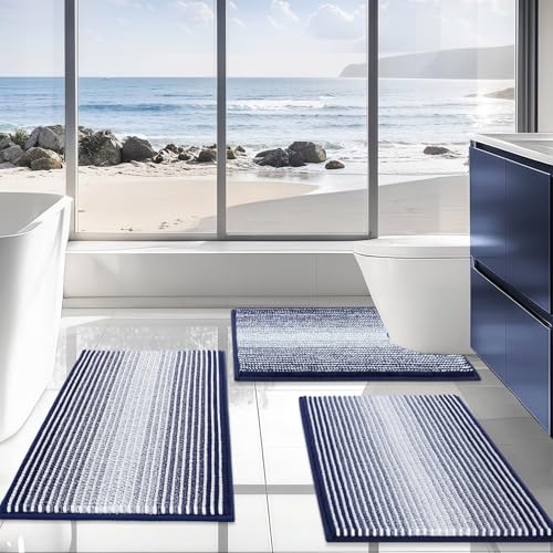 Bathroom Rugs Sets 3 Piece, Toilet Rugs U-Shaped Contour Bath Mat Set, Striped Absorbent Non Slip Chenille Shower Mat, Navy Blue - color: Navy Blue, size: 20"x32"+16"x24"+U Shape 20"x24"