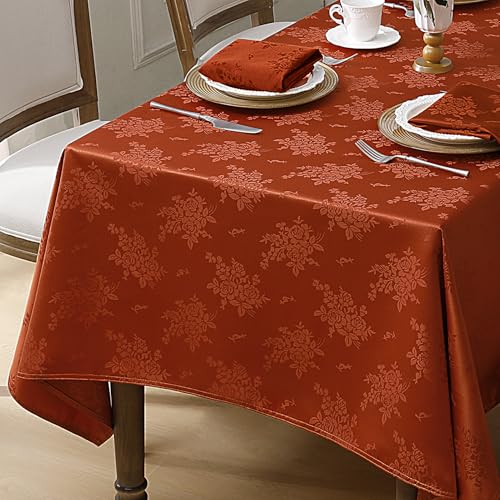 Romanstile Tablecloth Rectangle - Waterproof Damask Rose Floral Pattern Decorative Table Cloth, Heavy Weight Jacquard Fabric Table Cover for Dining/Party/Holiday - Rust, 60 x 84 Inch - color: Rust, size: 60" x 84" (Rectangular)
