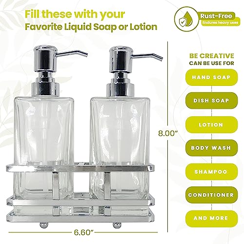 Square Glass Clear Lotion and Soap Pump Dispenser Set with Metal Stand Caddy for Bathroom Bath Kitchen Home Office Travel Hotel Hand Crafted Heavy Weight Chrome - color: Chrome