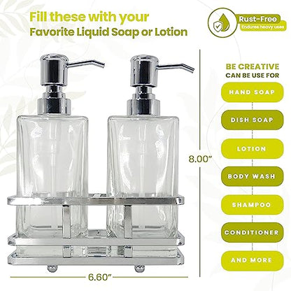 Square Glass Clear Lotion and Soap Pump Dispenser Set with Metal Stand Caddy for Bathroom Bath Kitchen Home Office Travel Hotel Hand Crafted Heavy Weight Chrome - color: Chrome