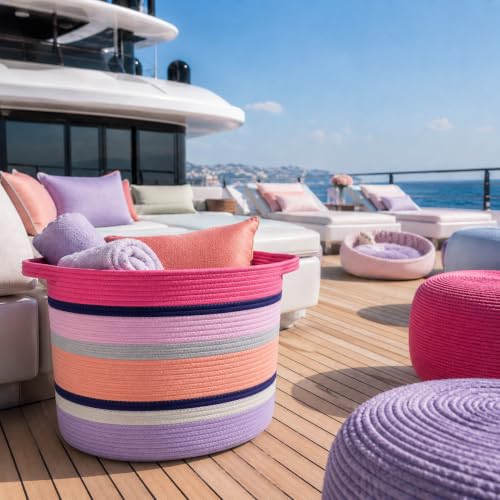 Pink Large Blanket Basket with Handles, 55 L Woven Rope Toy Basket, Foldable Storage Bin for Blankets, Toys & Laundry, stuffy storage for Bedroom & Playroom&Living room (17.7"D * 13.8"H) - size: 17.7"D * 13.8"H