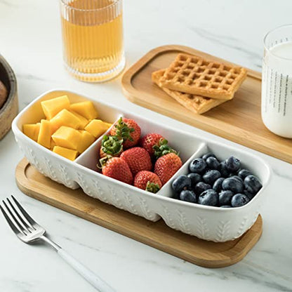 Miamolo Condiment Bowls Divided Serving Tray, Chip and Dip Bowl for Party | Ceramic 10-inch, 3 Compartment Tray + Wood Base | for Snacks Appetizer Charcuterie, Microwave Oven Safe, Hosting Essentials - size: Medium-10 inches