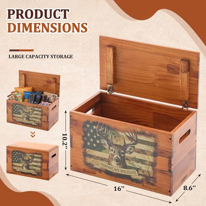 Novabright Solid Pine Wooden Storage Box with Lid, Rustic Elk Decorative Crate for Men’s Desk, Man Cave, Dad, Father's Day, Remote Controls, Books, Keepsakes and Cabin Decor Gift