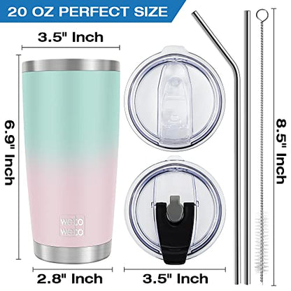 WETOWETO 20oz Insulated Stainless Steel Tumbler, Coffee Tumbler with 2 Lids and 2 Straws, Double Wall Vacuum Leak-proof Travel Coffee Mug, Powder Coated Water Cup (Green-Pink Gradient, 1 Pack) - color: A2-Green-Pink Gradient, style: Tumbler, 2 Lids, Straw