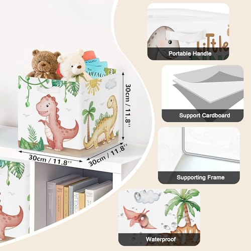Clastyle 11.8" Dinosaur Storage Basket Set of 3 for Kid Boy Toy Clothes Bin | Collapsible Fabric Book Bin, Metal Frame Bottom Board, Cube Organizer, Closet Nursery Pantry Shelf Bedroom, Boho Brown Dino - color: Brown