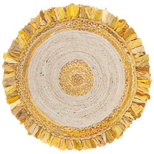 SAFAVIEH Cape Cod Collection Area Rug - 3' Round, Gold & Natural, Handmade Boho Fringe Jute & Cotton, Ideal for High Traffic Areas in Living Room, Bedroom (CAP212D)
