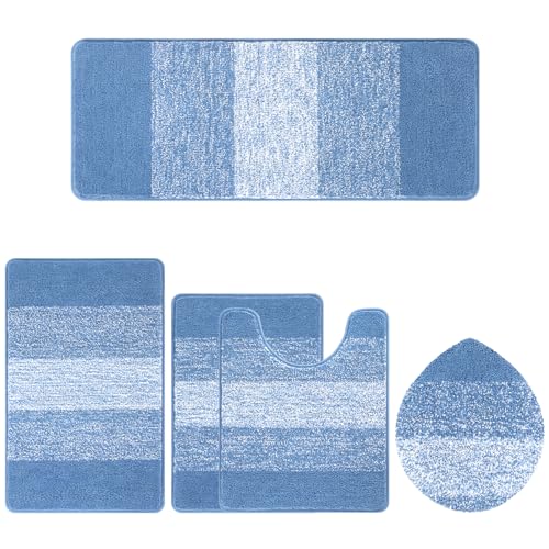 Bsmathom Bathroom Rug Set 5 Piece, Plush Microfiber Bath Mat, Blue | Extra Water Absorbent, Non Slip Washable Runner Bath Rugs with Toilet Lid Cover and U-shaped Contour Toilet Mat - color: Blue, size: 18"x26"+20"x31"+20"x48"+U20"x24"+Cover19"x21"
