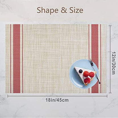 DACHUI Placemats Set of 8, Heat Resistant, Washable Woven Vinyl Place Mats - color: Red Stripes, size: 8PCS