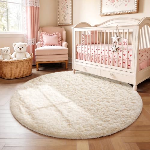 Ophanie Round Rug 4Ft Ivory Circle Area Rugs, Fluffy Fuzzy Small Bedroom Carpet 4 foot, Plush Shag Floor Cream Living Room Christmas Circular Aesthetic Decor for Kids Teen Boys Baby, Nursery,Classroom - color: 2- Ivory, size: 4' (Round)