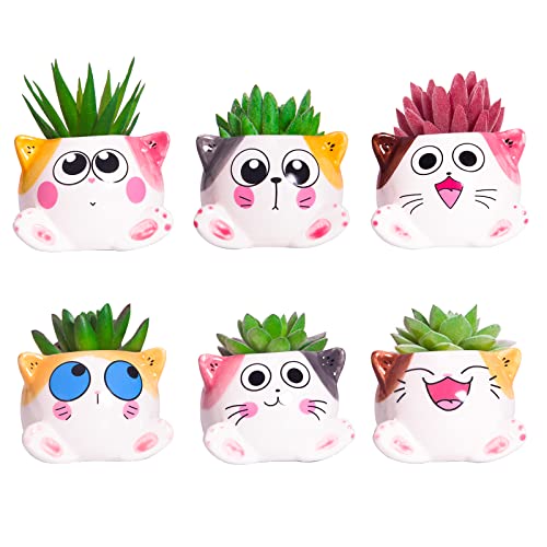 3.4 Inch Cute Succulent Pots with Drainage, Cat Planters for Indoor Plants | Tiny Animal Planters Mini Cat Pots Small Ceramic Flower Pot Cartoon Cactus Plant Pots Set of 6 - color: Cats 6pcs