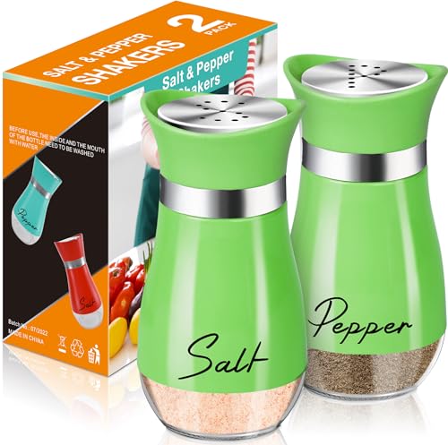 Salt and Pepper Shakers - 4 oz Green Glass Set with Stainless Steel Lids | Refillable Glass Shakers with Stainless Steel Lids Suit Cooking, Dining, RV Trips, Camping and BBQs; 4 oz Capacity Each. - color: Green