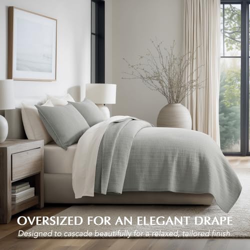 100% Cotton Modern Grid Stitch Quilt Set Queen Size, Drizzle Gray | Pre-Washed Cotton Coverlet Bedspread, Oversized Lightweight 3-Piece Bedding Set for All Season, with 2 Pillow Shams - color: Drizzle Gray, size: Full/Queen (96" X 94")