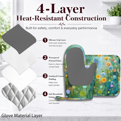 Abstract Oil Painting Flowers Oven Mitts and Pot Holders Sets Non-Slip Silicone Surface for BBQ Gloves,Kitchen,Cooking,Baking,Grilling - color: Abstract Oil Painting Flowers