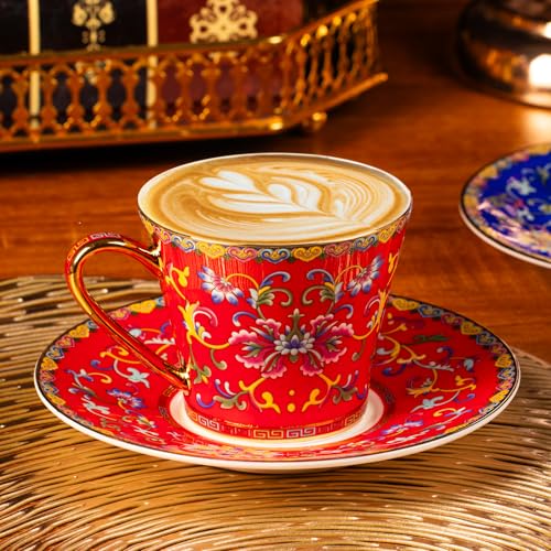 KAMMAK Tea Cup and Saucer, Ceramic Coffee Cups, 8 oz, Set of 2 | Porcelain Tea Cups with Saucers for Coffee and Cappuccino, Ideal for Breakfast, Afternoon Tea and Entertaining,629N+630N - style: 629N+630N