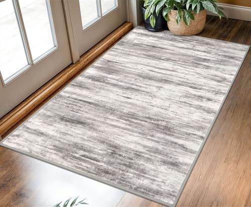 KOZYFLY Abstract Washable 3x5 Area Rug Large Entryway Rug, Grey Beige | Non Slip, Low Pile, Non-Shedding, Modern Design, Ultra Soft, Indoor Accent for Entrance Kitchen Bedroom Bedside Office - color: Grey/Light Beige/Brown, size: 3' x 5' (Rectangular)