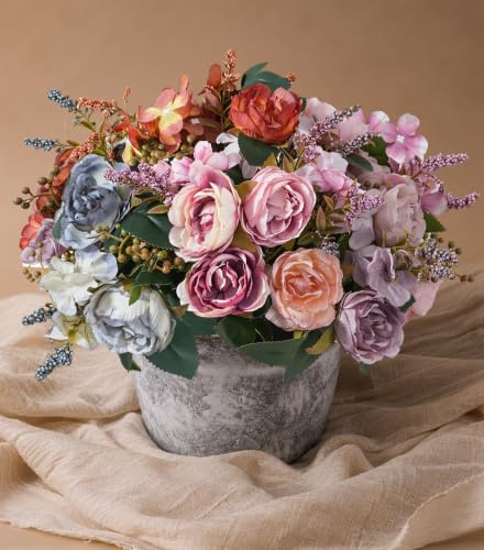 Artificial Flowers with Vase, Silk Rose Flower Arrangement with Ceramic Vase, Fake Flowers in Vase for Home Decor, Small Flower Vase for Table, Shelf, Living Room and Dining Room - color: Mix 1