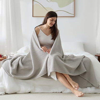 EGOHOME Cotton Two-Tone Check Pattern Waffle Blanket Queen Size | Coffee Bean/White, 90"x90", Lightweight, Soft & Breathable for Bed, Couch, Sofa, All Seasons - color: Coffee Bean/White, size: Queen