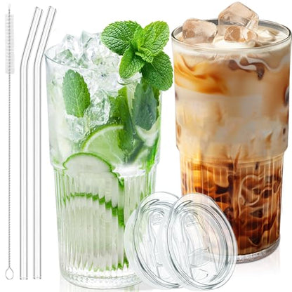 Luiaiog 18.5oz Glass Cups with Lids and Straws - Set of 2 Reusable Tumblers, Thickened Shatter-Resistant Glass, Ideal for Iced Coffee, Smoothies, Cocktails, Juices - Elegant & Durable Drinkware - color: Clear 2pcs 18.5oz