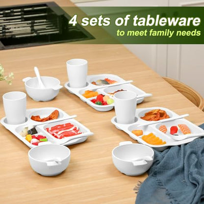 Honoson 24 Pcs Wheat Straw Dinnerware Cutlery Set, Service for 4, Unbreakable Plates and Bowls Set - Divided Plates, Bowls, Spoons, Forks & Knives, Microwave & Dishwasher Safe(White) - color: White
