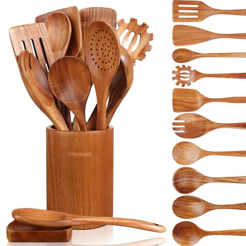 Mooues 12 Piece Wooden Spoons for Cooking, Wooden Utensils for Cooking with Utensils Holder, Natural Teak Wooden Kitchen Utensils Set with Wooden Spoon Rest, Comfort Grip - size: 12 PCS Set