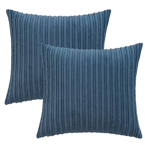 UGASA Velvet 18x18 Inch Soft Throw Pillow Covers Decorative Corduroy Striped Both Sides Solid Square Cushion Cases Boho Farmhouse for Couch Bedroom Sofa Home, Pack of 2, Dusty Blue - color: Dusty Blue, size: 18" x 18" (Pack of 2)