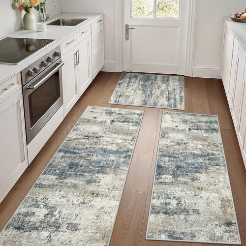 GENIMO Kitchen Rugs Set of 3, Washable Non Slip Kitchen Mats for Floor | 20"x32"&20"x48"&20"x59", Navy Blue vintage abstract rug, soft faux cashmere, low pile, easy-clean for laundry - color: Navy Blue, size: 20"x32"+20"x48"+20"x59"