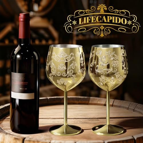 Lifecapido Stainless Steel Wine Glasses Set of 2, 18oz Etched Gold Wine Goblets, Unique Wine Glasses with Intricate Baroque Engravings for Party Wedding Anniversary - color: Gold