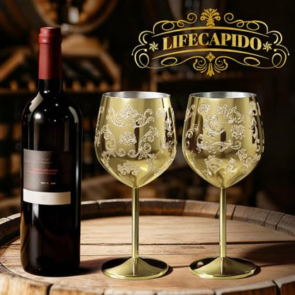 Lifecapido Stainless Steel Wine Glasses Set of 2, 18oz Etched Gold Wine Goblets, Unique Wine Glasses with Intricate Baroque Engravings for Party Wedding Anniversary - color: Gold