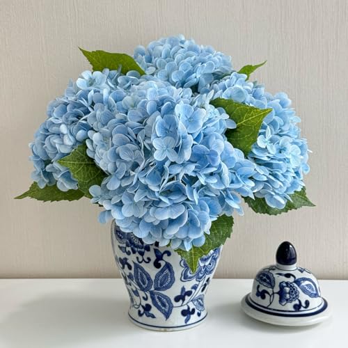 ZYTUYO 3 PCS Light Blue Artificial Hydrangea Fake Flowers 21'' Latex Lifelike Real Touch Large Bouquet Head with Long Stems Leaves for Centerpieces Party Home Wedding Silk Xmas Floral Decor | Lifelike Real Touch Latex Hydrangeas, for Home Decor, Outdoor W