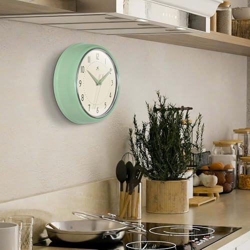 Infinity Instruments Retro Round Metal Wall Clock, Meadow Mist, 9.5" - color: Meadow Mist, size: 9.5 Inch