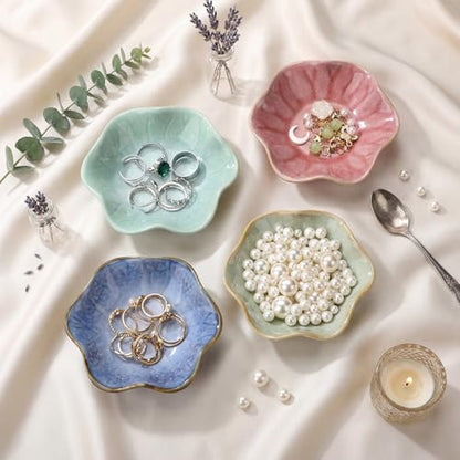 4 Pack Small Jewelry Dish Ceramic Trinket Holder Tray for Rings Earrings Key Bowl Women Mother's Day Wedding Gift (Pink,Blue,Cyan,Green) - color: Pink,Blue,Cyan,Green, style: Ceramic