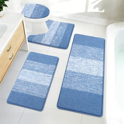 Bsmathom Bathroom Rug Set 4 Piece, Plush Microfiber Bath Mat, Blue | Extra Water Absorbent, Non Slip Washable Runner Bath Rugs with Toilet Lid Cover and U-shaped Contour Toilet Mat - color: Blue, size: 18"x26"+18"x48"+U20"x24"+Cover19"x21"