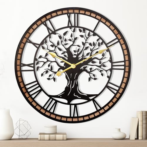 24" Tree of Life Wood and Metal Wall Clock, Rustic Decor | Accent, approx. 5.1 lb, silent movement, hardware included, 1 AA battery not included; fits medium wall spaces - color: Black Rome, size: 24 Inch