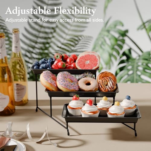 Bumusty 3-Tier Melamine Serving Tray Set, 11.5 x 5.6 in, Black Platters | Melamine Reusable Platters with Metal Display Stand for Cupcakes, Desserts, Fruit, Cookies, Parties, Birthdays and Holidays - color: Black Stand, size: 11.8" x 5.7"