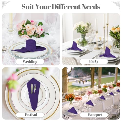 PLOYMONO Purple Cloth Napkins - 8 Pack 17" x 17" Washable Polyester Napkins | Heavy Duty 180 GSM Cloth Napkins with Hemmed Edges - Great for Restaurants, Weddings, Parties, Banquets Dinner - color: Purple