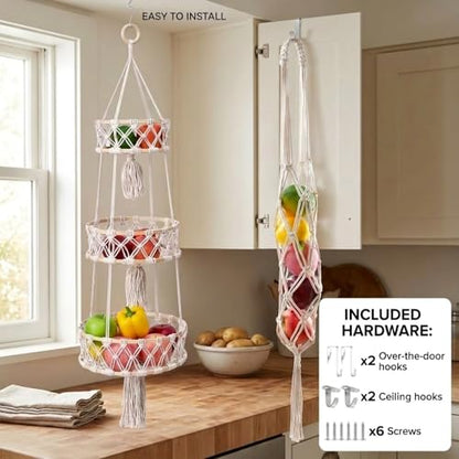 2 Pack Cotton Rope Hanging Fruit Basket - 3 Tier Storage Organizer for Kitchen, Macrame Plant Hanger, Decorative Boho Style Produce Holder with Hooks and Screws for Plants, Vegetable, Onion, Potato