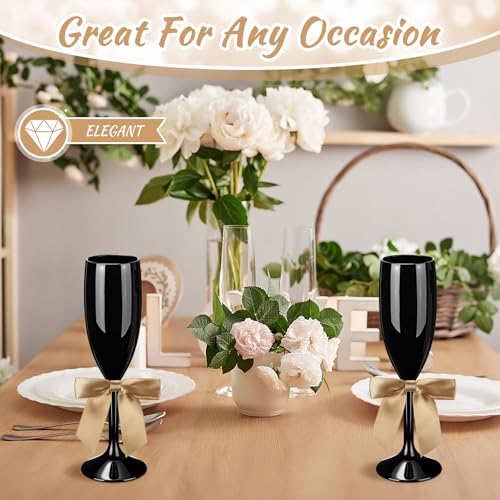 Zopeal Plastic Reusable Champagne Flute Glasses 6 oz and 50 Pcs Bow Set Acrylic Wedding Toasting Goblet 3.5" Bow Unbreakable Wine Cup for Bachelorette Bridal Shower Party(Black and Gold) - color: Black and Gold