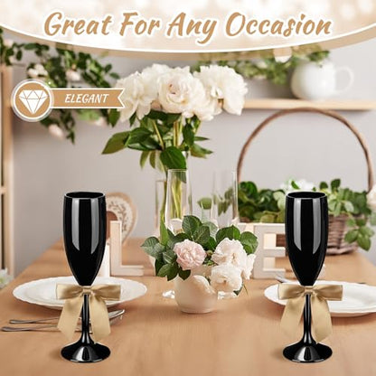 Zopeal Plastic Reusable Champagne Flute Glasses 6 oz and 50 Pcs Bow Set Acrylic Wedding Toasting Goblet 3.5" Bow Unbreakable Wine Cup for Bachelorette Bridal Shower Party(Black and Gold) - color: Black and Gold