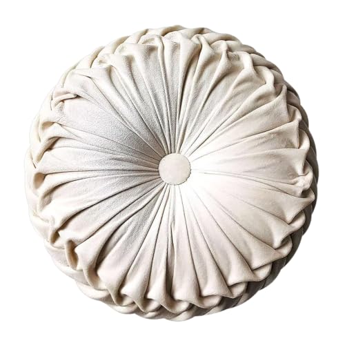 Teieas Round Throw Pillow Velvet Pleated Round Pillow Cushion | Boho pumpkin bed pillows,for bedroom,couch,chair,bed, car,home decoration beige 14.96'' - color: Beige
