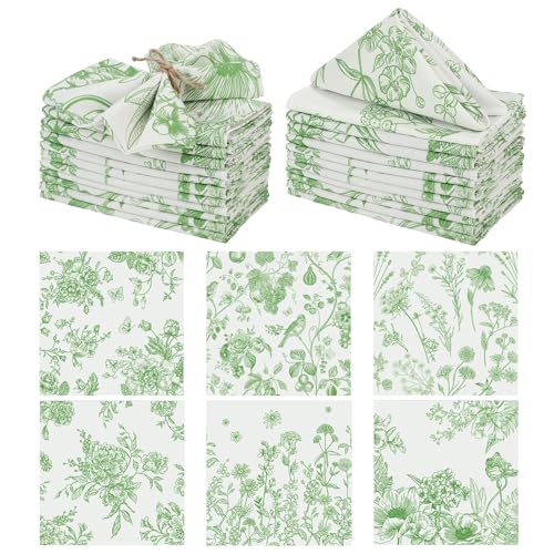 Kochorie 24 Pieces Green Floral Cloth Napkins, 18 x 18 Inch Reusable Soft Fabric Napkins, Washable Flower Dinner Cocktail Napkin for Spring Summer Tea Party Holiday Home Kitchen Wedding Restaurant - color: Green