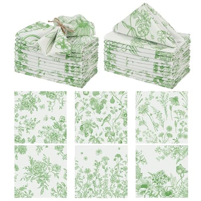 Kochorie 24 Pieces Green Floral Cloth Napkins, 18 x 18 Inch Reusable Soft Fabric Napkins, Washable Flower Dinner Cocktail Napkin for Spring Summer Tea Party Holiday Home Kitchen Wedding Restaurant - color: Green