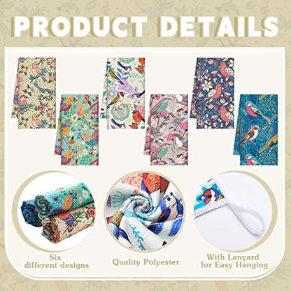 Redbaker 6 Pcs Bird Kitchen Towels Retro Floral Absorbent Dishcloth Set | Decorative Hand Towels with Birds Wildflower Prints, Kitchen Cleaning Cooking Baking, Housewarming Gift for Bird Lovers - style: Garden