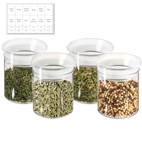 ZENS 10oz Glass Jars with Airtight Lid, 4 Pack Glass Kitchen Canisters Set for Spice, Loose Tea, Small Clear Glass Storage Jars with Labels for Herbs, Sugar | Borosilicate Clear Glass Canisters Set for Spice, Small Tea Jars for loose Tea with Labels for H