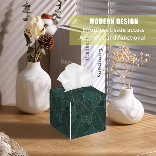 Tropical Green Leaves Tissue Box Cover Square, Golden Line Art Tissue Box Holder with Bottom Belt Leather Facial Paper Organizer Dispenser for Bathroom Bedroom Dresser Night Stand Tabletop - color: Tropical Green Leaves