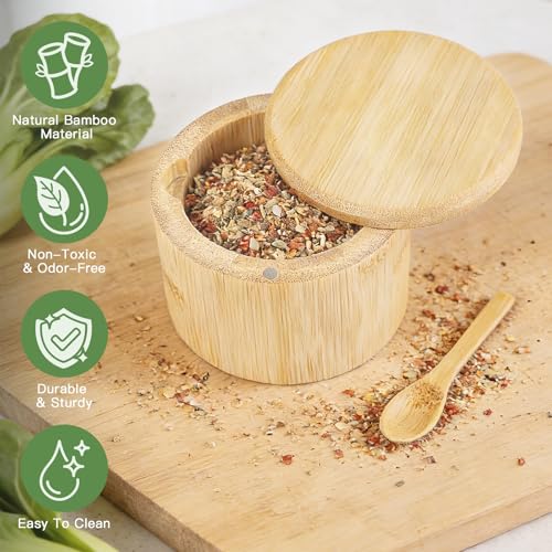 Ninsula Bamboo Salt Cellar, 360° Magnetic Swivel Lid Salt Container with Built-in Spoon for Storing Table Salt, Pepper, Sugar, Sea Salt, Spices, and Herbs