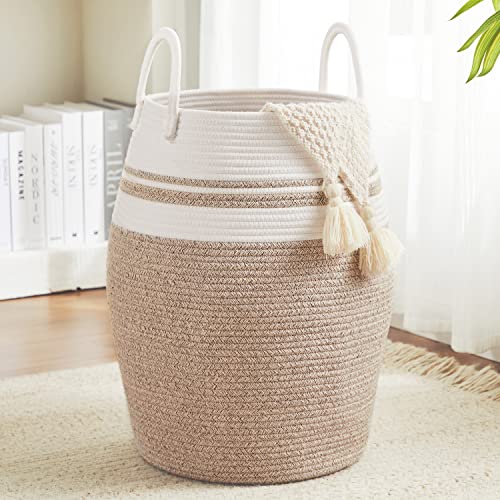 Extra Large Laundry Hamper Basket 105L Woven Blanket Basket, Brown & White | Tall Clothes Hamper, Rope Wicker Laundry Basket, Storage Basket for Toys, Dirty Cothes in Bedroom, Living Room Organizer - color: Brown & White, size: 105L