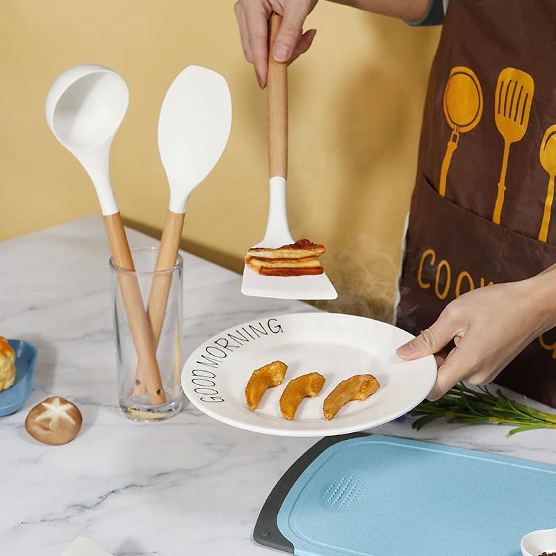 Silicone Cooking Utensils Set, 33PCS Kitchen Gadgets Tools with wooden Handle, Spoons, Spatulas, Whisk, Dishwasher Safe (Cream White, Set of 33)