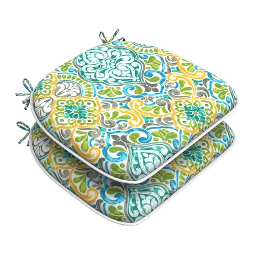 DYTXIII Set of 2 Outdoor Chair Cushions with Ties,Water Repellent Patio Chair Pads 17"x 16" for Outdoor Furniture,Round Corner Seat Cushions for Garden Yard Kitchen Damask Green - color: Damask Green, size: Pack of 2