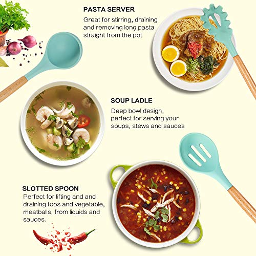 MIBOTE Silicone Cooking Kitchen Utensils Set, Wooden Handle, Teal | BPA-Free, Non-Toxic Silicone Turner, Tongs, Spatula, Spoon Set – Great for Nonstick Cookware, Heat-Resistant, Easy Clean - color: Green